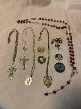 Religious Medal and Cross Necklace Set in Red and Gold